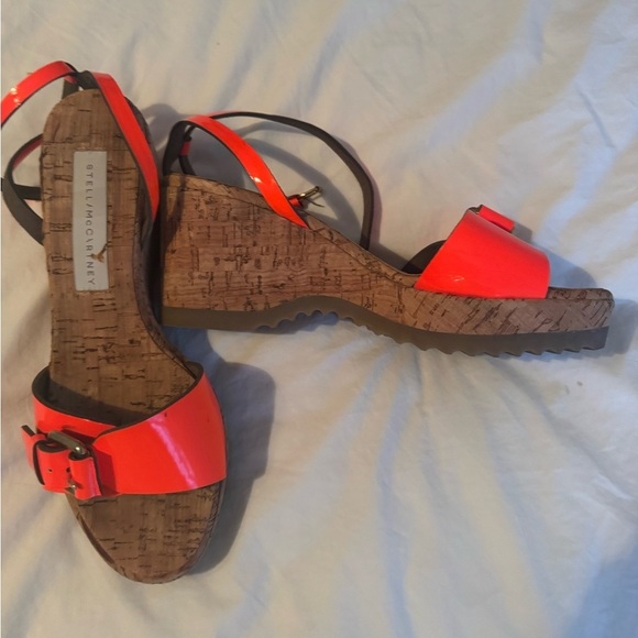 Stella McCartney- Neon Faux Patent Leather Orange Ankle Strap Cork Wedge Herls - Picture 2 of 5